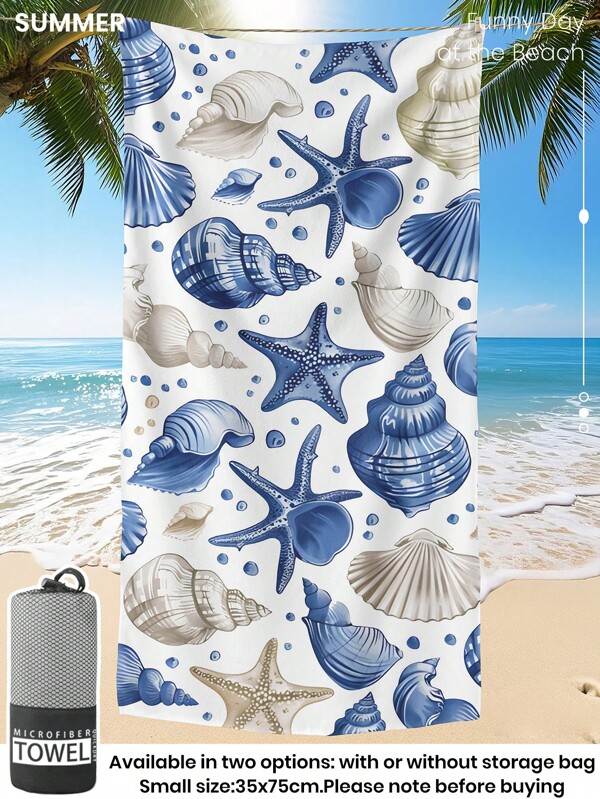 1 pezzo Asciugamano da spiaggia stampato, asciugamano da bagno con stelle marine e conchiglie blu, asciugamano da spiaggia di stile alla moda, asciugamano da bagno in microfibra super assorbente, morbido e confortevole, leggero e portatile, protezione dal vento e dal sole, decorazione da bagno per vacanze e festività, disponibile con o senza borsa per il trasporto