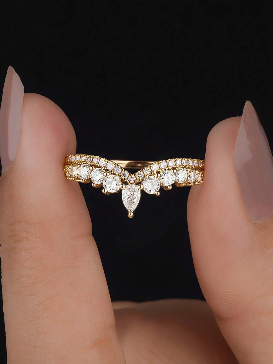 1pc Classic Luxurious V-Shaped Crown Ring With Diamond Inlay, Suitable As Engagement Gift, Holiday Gift, S925 Sterling Silver Exquisite Jewelry Gift - Teardrop Round Diamond Crown Ring - View 1