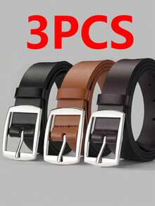 三件套男士时尚PU皮腰带，简约复古设计，光滑皮带扣，适合男士日常穿着，秋季、万圣节、秋冬季配饰，适合青少年、年轻男士，休闲、户外、运动、度假，毕业礼物、生日礼物，日常穿着，万圣节，休闲，商务，街头，波西米亚风，西部风，户外，男士礼物，丈夫，男友，父亲，圣诞礼物 - 3pc(黑色+棕色+卡其色) - 查看 6