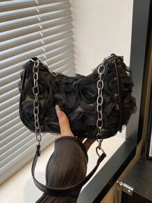 1 件黑色尼龙面料顺滑拉链金属链花卉图案装饰时尚百搭休闲 2025 跨境新款小众单肩手提包，适合女性日常使用