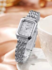 1 pieza Reloj de pulsera de cuarzo elegante para mujer, con correa de acero, esfera cuadrada, estilo clásico de lujo (1 pieza/set), caja de reloj no incluida