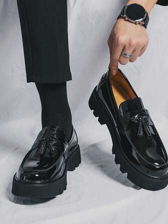 Casual loafers med fransar, glansiga formella skor, tjock sula, vintage brittiska fritidsskor, gammaldags pengachic höst