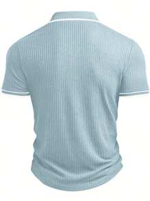 European & American Style Men's Casual Contrast Color Polo Shirt With Turndown Collar And Buttons, Short Sleeve, Summer - Mint Blue - View 3