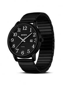 BIDEN Đồng hồ đeo tay phong cách cổ điển, unisex, máy quartz kim, phù hợp cho người trung niên và người cao tuổi, mặt số chữ số Ả Rập lớn, hiển thị ngày tự động, chống nước, dây đeo co giãn có thể điều chỉnh. - màu đen - Xem 5