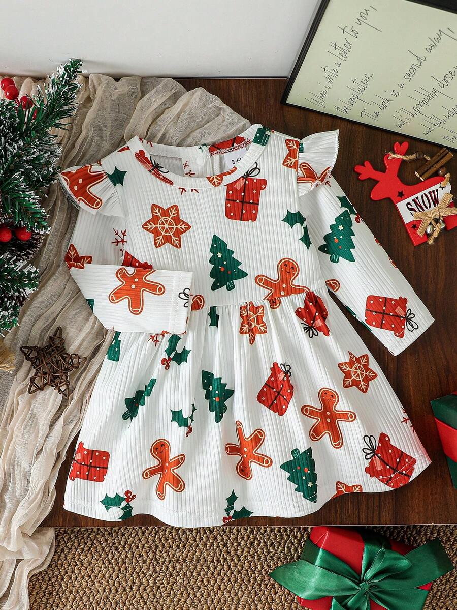 Baby Girl Christmas Digital Print Dress, Spring/Autumn - White - View 1