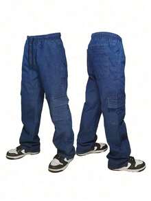 Men's Cargo Pants With Wide Pockets And Drawstring Waist, Ideal For Streetwear Maneuvers - Light Wash - View 2