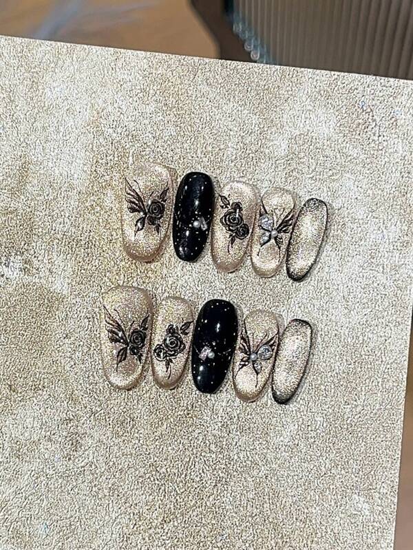 10Pcs Gothic Style Narrow Ellipse Shiny Black & Gold Butterfly, Black Rose With Rhinestone & Pearl Decor Nail Art Stickers, High-End Goth Sweet Girl Daily Wear, Reusable Nail Covers, Comes With Jelly Gel And Mini Nail File Press On Nails Nail Supplies Nails