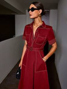 Sollinarry Vestido casual de manga corta con cuello de contraste, botones delanteros, bolsillos y cinturón, con estilo retro, para Navidad