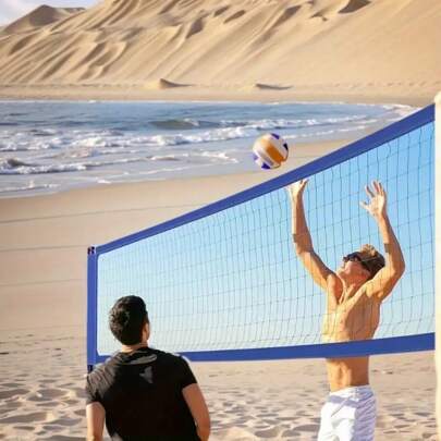 1个超大耐用PE排球网，坚固轻便，适合家庭户外活动、后院和沙滩游戏，网架稳固，含收纳袋，适合全家户外活动、后院、沙滩、沙地和水上运动