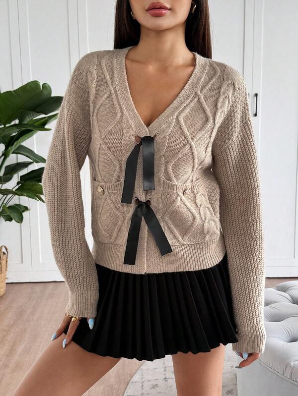 Damen elegante, vielseitige Strickjacke mit Schleife und V-Ausschnitt, lässige, weite Langarm-Strickjacke für Herbst/Winter