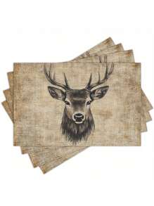4 Stücke/6 Stücke Weihnachts-Hirsch Porträt-Stickerei-ähnliches Muster Grobe Leinen Tischsets, 30cm x 45cm waschbare Tischsets für Esszimmertisch, Küche, Feiertagsparty, Heimdekoration, ideal für Couchtisch