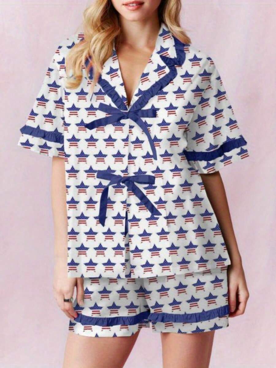 Celebrate Independence Day In Style With Our Patriotic Pajama Set - Perfect For Summer Nights - Beige - View 1
