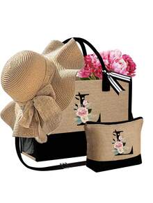 3 件套女士沙滩手提包，带肩带，配有女士沙滩帽和化妆包，字母 A-Z 沙滩配饰包，带侧袋的个性化礼品袋，带围巾的沙滩包，女士卡其色波浪沙滩太阳帽，适合春夏海滩度假和户外婚礼 - 卡其色 - 查看 12