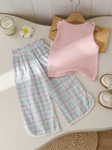 2pcs/Set Girls' Stylish 3D Floral Vest & Plaid Embroidered Capri Pants Set, Summer - Pink - View 2