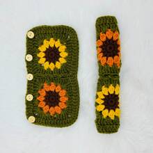 onEternal Handmade Crochet Olive Green Sunflower Steering Wheel Cover And Seatbelt Cover Car Decor Set