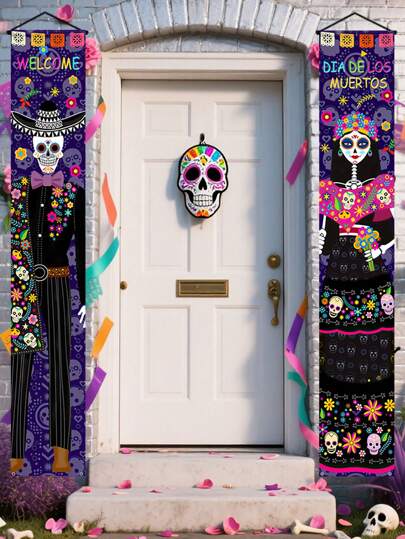 1 Set, Bandera decorativa para el Día de los Muertos mexicano, diseño de esqueleto con vestimenta elegante, decoración colgante para el Día de los Muertos y Halloween, set de decoración para fiesta, ideal para el porche, el patio, el garaje y la decoración del hogar