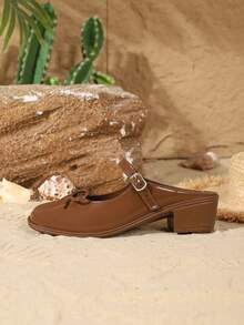 Women's High Heel Slip-On Shoes, Casual Fashion Square Toe Bow Decor Mary Jane Sandals With Adjustable Strap, Comfortable Backless Mules, Elegant Closed Toe Kitten Heels In Camel Color - Brown - View 5