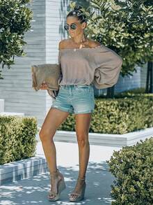 Damen Sommer einfarbige zerrissene Taschen Knopf Jeans Shorts, lässige zerrissene Jeans Shorts mit Taschen und Reißverschluss, mittlere Dehnung, gerades Bein, geeignet für den täglichen Gebrauch - Smaragdgrün - Übersicht 5