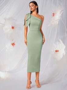 Elisanya One Shoulder Bowknot High Waist Backless Split Party Dress - Green - View 3