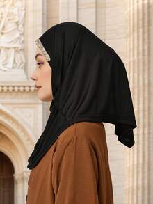 قطعة واحدة غطاء رأس نسائي أحادي اللون، وشاح رأس قابل للطي مريح من البوليستر، وشاح رأس عملي، توبون، خمار طويل فوري، مناسب للارتداء اليومي في جميع الفصول - وشاح رأس مطوي مرصع بأحجار الراين المتلألئة - مشاهدة 9