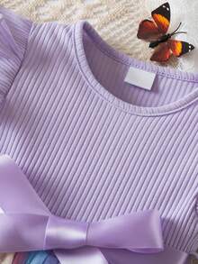 Baby Girl Elegant Floral Rainbow Mesh Tulle Dress With Belt Princess Toddler Girls Ruffles Sleeve Dresses For Wedding, Birthday, Vacation - 紫色 - 查看 5