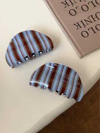 1pc Korean Style Blue & Coffee Striped Acrylic Hair Claw Clip, Retro Girl Bun Updo Hair Accessory, High-End Versatile Ponytail Clip, Women Hair Clip, Autumn/Winter Holiday Accessory