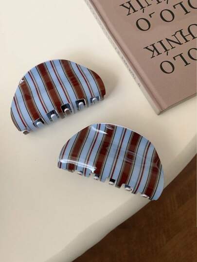 1pc Korean Style Blue & Coffee Striped Acrylic Hair Claw Clip, Retro Girl Bun Updo Hair Accessory, High-End Versatile Ponytail Clip, Women Hair Clip, Autumn/Winter Holiday Accessory Women Hair Accessories