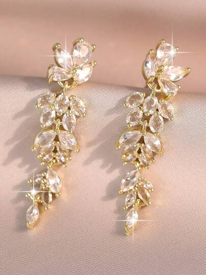 1pair Elegant Leaf Flower CZ Women Long Wedding Earrings With AAA Cubic Zirconia Dangle Earrings Jewelry