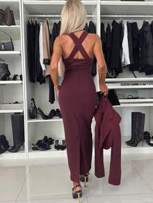 Moda europeia e americana elegante colete sexy costas cruzadas saia longa justa casual jaqueta curta de manga comprida feminina terno de três peças - Borgonha - Ver 4