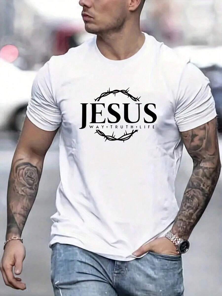 Camiseta de manga corta con estampado de letras para hombres - Blanco - Ver 1