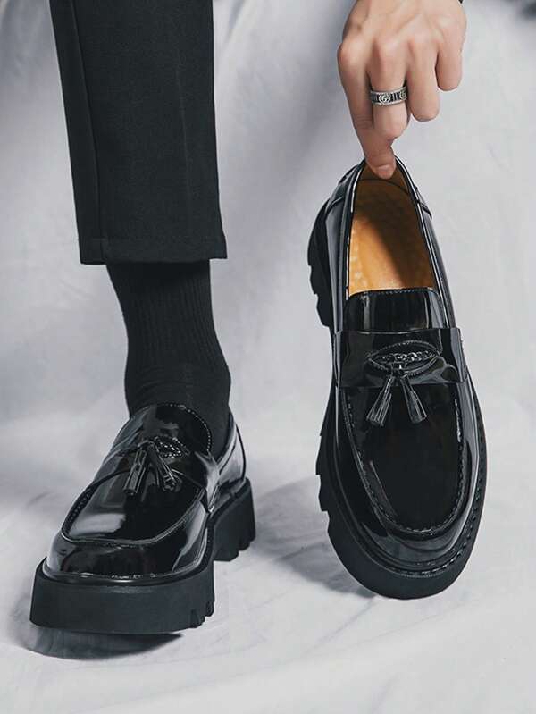 Casual Loafers With Fringes Decor, Glossy Formal Shoes, Thick Sole, Vintage British Style Leisure Shoes