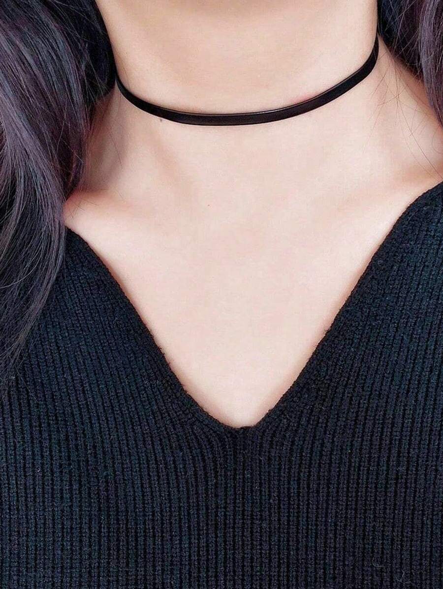 1pc Minimalist Fashion Versatile Dark Punk Sexy Black PU Necklace Choker Collar Necklace, Short Clavicle Chain Neck Decoration Accessory, Suitable For Daily Wear, Non-Fading Metal, Width 0.5CM