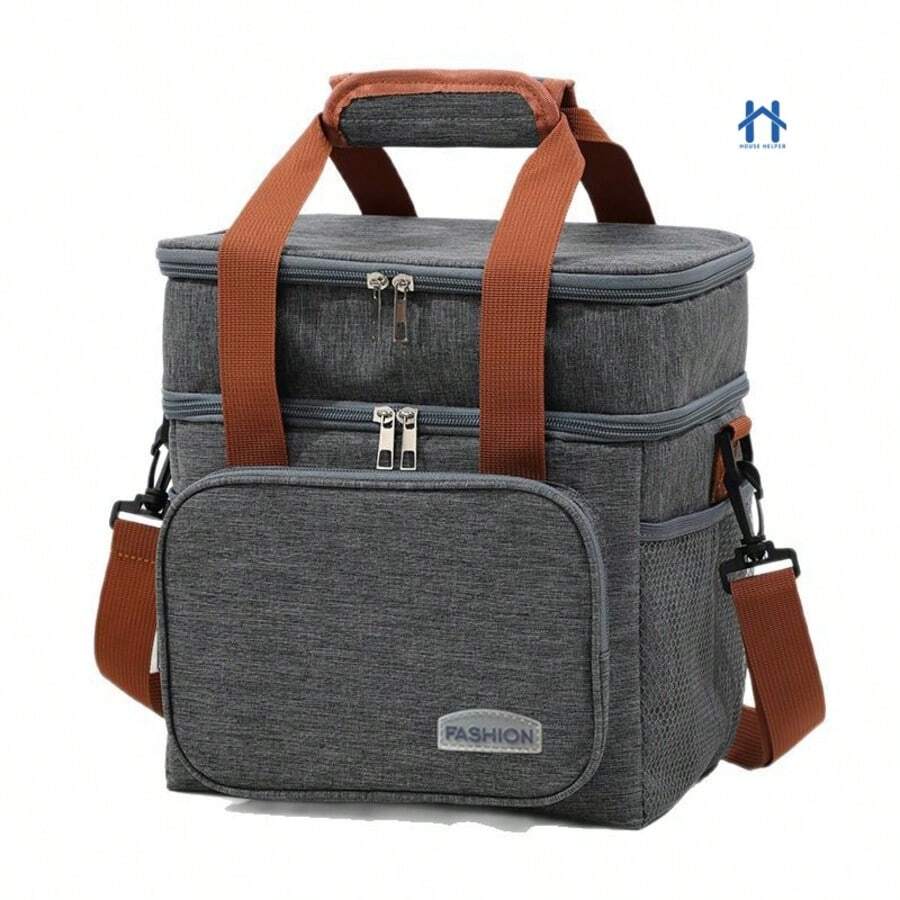 Large Thermal Bag With Side And Front Pockets, Fitness Lunch Box Holder With Hand Strap And Cross-Shoulder Strap - Grey - View 1