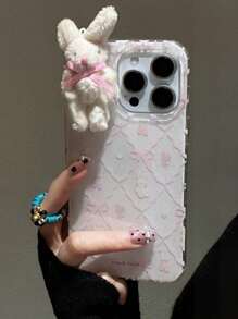 Funda de teléfono suave con diseño de lazo 3D de conejo, patrón de rombos rosa, moño, animal, flor, floral y graffiti, compatible con iPhone 17 Pro Max, 17 Pro, 17 Air, 16, 15 Pro Max, 14, 13 Pro Plus, 12, 11, regalo