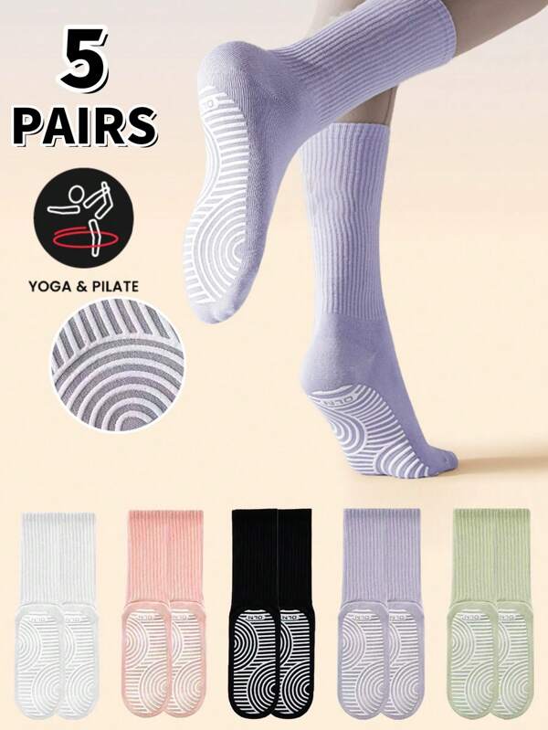 5 Pairs Multi-Color Crew Yoga Socks, Non-Slip With Grip, Suitable For Men And Women, Ideal For Daily Fitness, Cycling, Running, Pilates, Matching With Yoga Pants