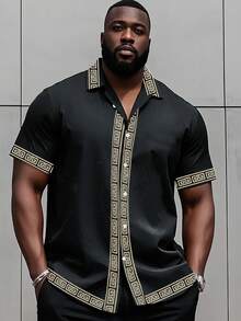 大码男士复洛克宫廷风格漩涡印花纽扣领短袖衬衫 - 黑色 - 查看 3