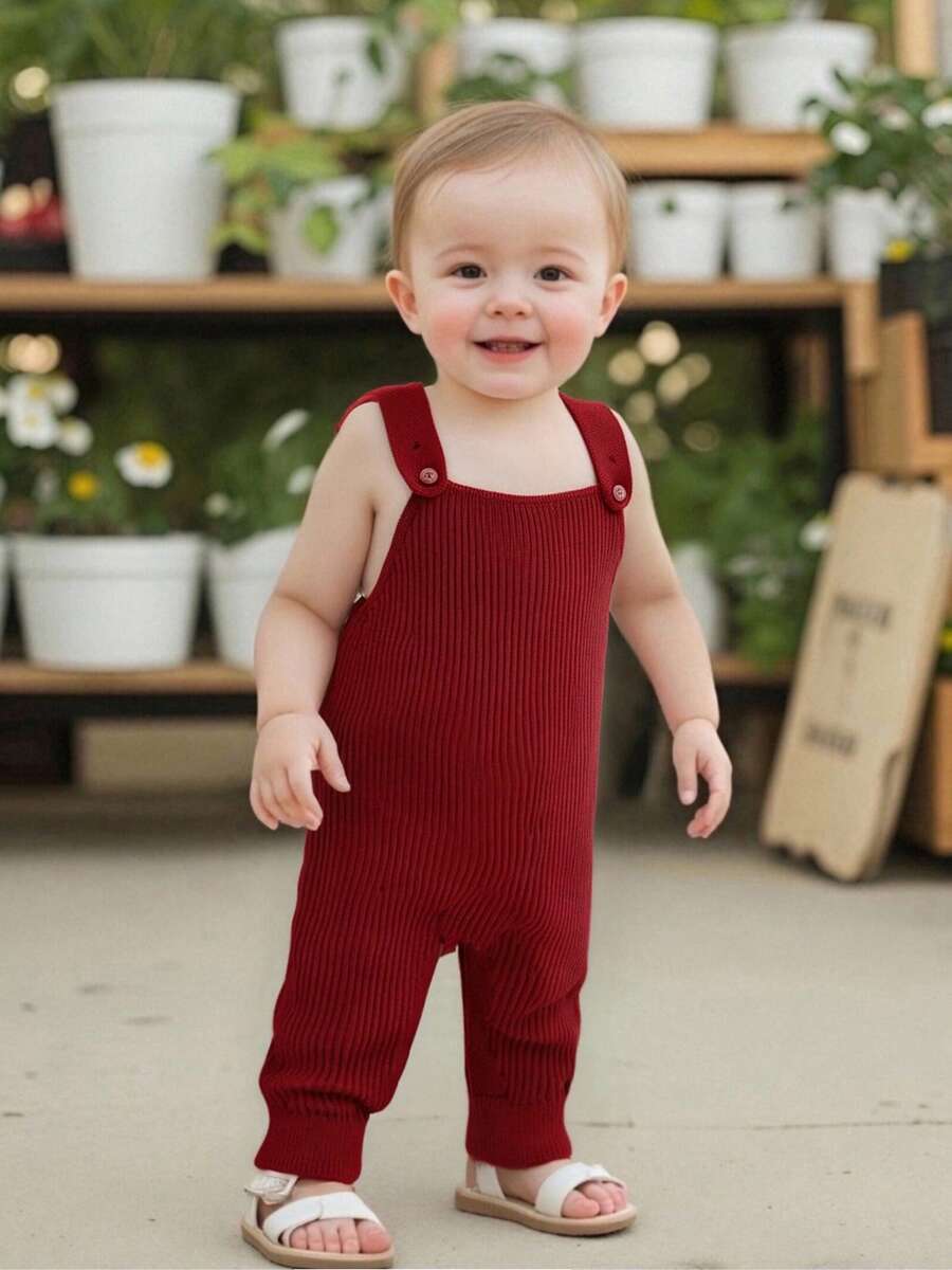 Baby Boy Knit Jumpsuits Sleeveless Square Neck Solid Color Rompers Overalls Newborn Outfit - 紅色 - 查看 1