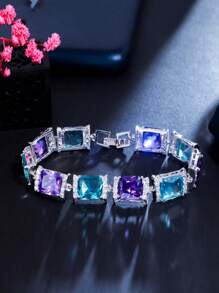 1 件精美镀银 CZ 紫色和蓝色方晶锆石方形网球串珠链式手链，适合新娘、珠宝、新娘、婚礼、派对、舞会、女士、女友、圣诞礼物 - 藍色 - 查看 9