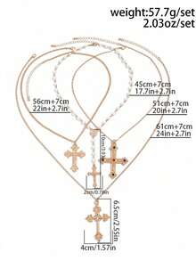 4er Set Halskette mit Kreuz-Anhänger in Strass, Punk Splice Pullover Kette, stilvoller Straßen-Schmuck für Damen und Herren, Frühling/Sommer 2025 Accessoire Geschenk