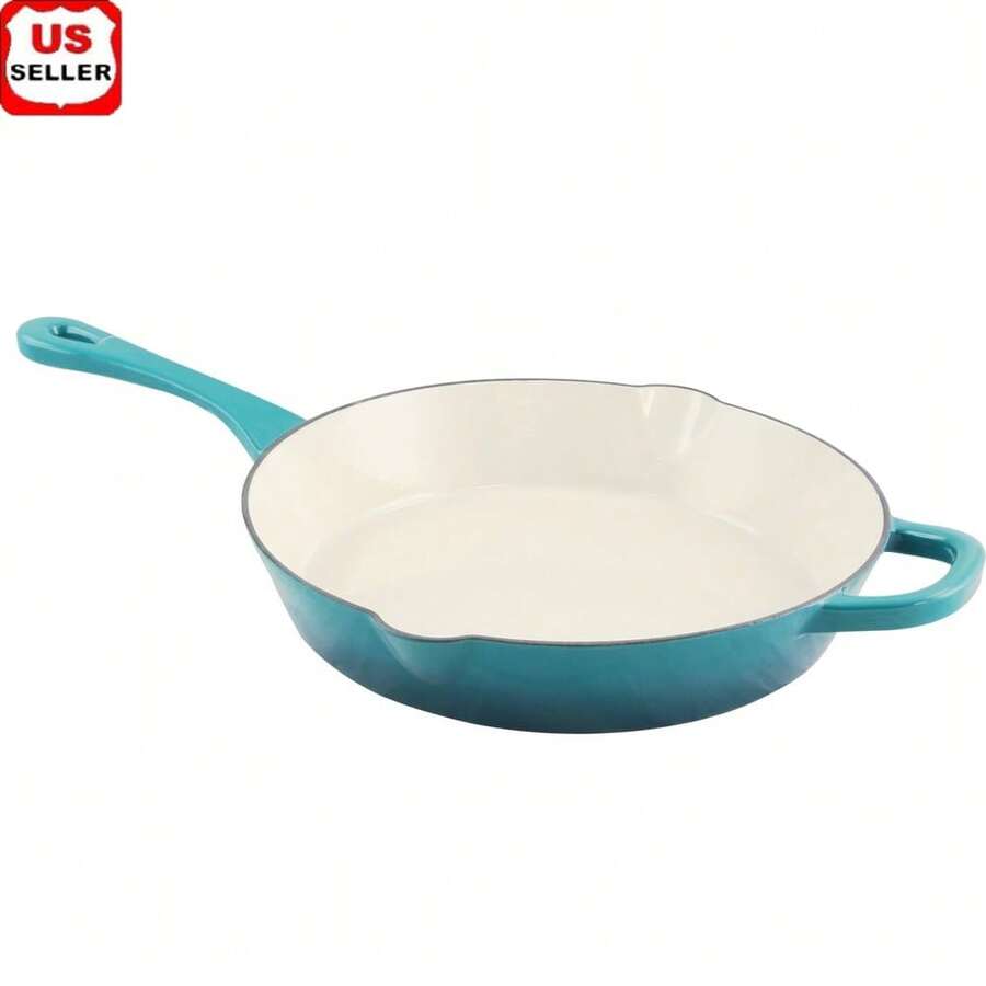 Enameled Cast Iron Skillet 12 Inch Round Durable Heat Retaining Cookware With Pour Spouts Oven Safe Induction Compatible Hand - Multicolor - View 1