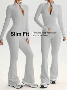 FWH 两件套街头风紧身套装，包括带拇指孔袖拉链外套和高腰喇叭裤，裤腰采用防滑设计，四向弹力，塑身设计，提升女性自信。 - 淺灰色 - 查看 2