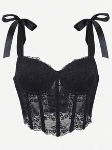 Top corset, corsé con encaje, tirantes de cinta, prenda moldeadora tipo bodice, ajuste ceñido y camiseta ajustada para mujer, para fiestas, bailes, sin tirantes - Negro - Ver 1