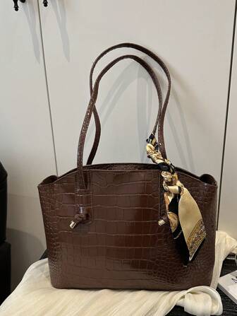 1pc Women's New Fashion Large Capacity Dual Handle One Shoulder Tote Bag, Crocodile Embossed PU Material, Zipper Closure, Scarf Decor Design, Suitable For Travel, Commute, Shopping