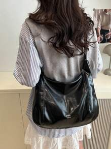 时尚大容量女士单肩包，设计手提包 - 黑色 - 查看 7