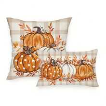 1/2/4 piezas Funda de cojín decorativa de estilo rústico y campestre con diseño de hojas de eucalipto y calabazas para el otoño, con cierre de cremallera y lavado a mano, 100% poliéster tejido para sofá, sala y dormitorio - Inserto de cojín no incluido - Multicolor - Ver 9