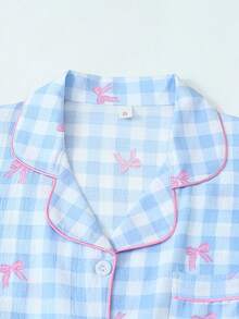 [Elegant Fields]2pcs Plaid Bow Print Pajama Set, Long Sleeve Lapel Top And Bowknot Pants, Women Sleepwear Loungewear, Autumn/Winter, Fall Clothes - Baby Blue - View 3