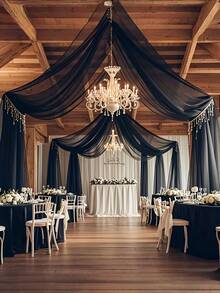 26ft Wedding Sheer Drapes, Chiffon Fabric Drapery Roof Ceiling Decor, For Wedding, Home, Room Decor, Bride Shower Birthday Party, Graduation, Hotel Decorations, Wedding Decorations - Black - View 1