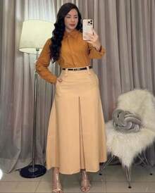 Women's Long Tailored Fit And Flare Skirt, Evangelical Fashion, High Waist, Closed Slit - 米色 - 查看 1
