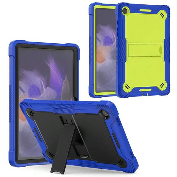Funda para tableta militar industrial con triple protección: silicona azul antideslizante + PC negro/verde amarillento plegable horizontal, resistente a golpes y robusta
