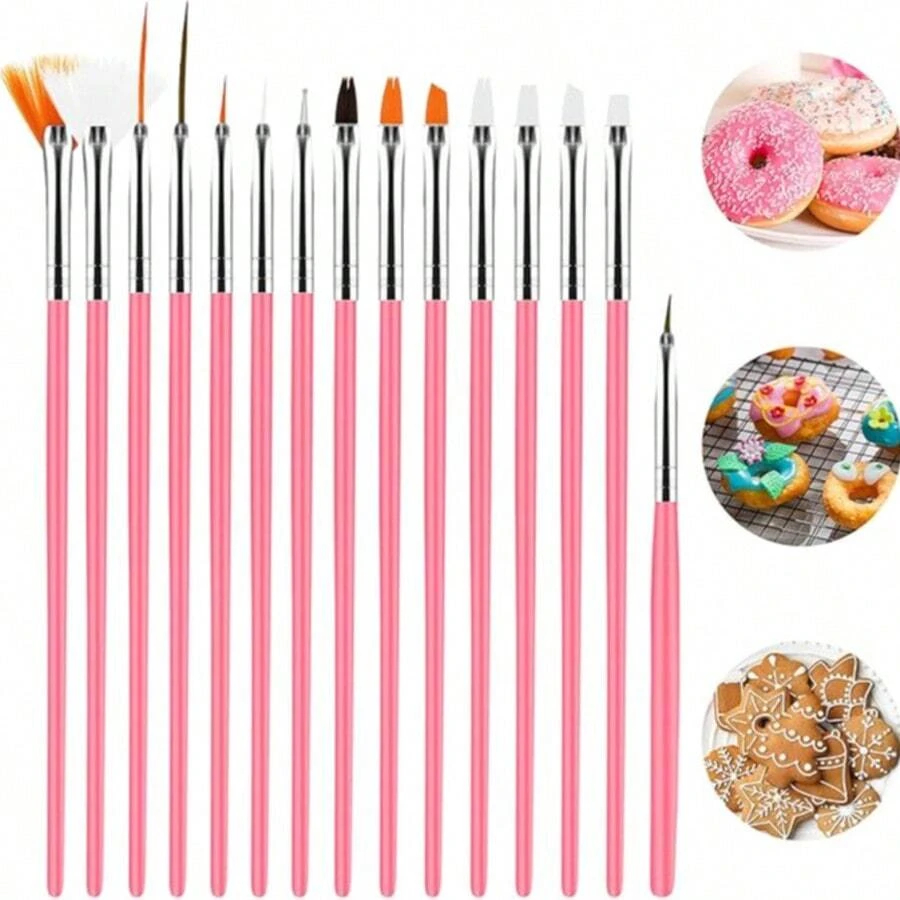 15 Stücke Kuchen Malerpinsel, Kuchendekoration Pinsel Set Lebensmittel sichere Malerpinsel Werkzeuge, Fondant Zuckerplätzchen Malerpinsel Zubehör für Kuchendekoration (Rosa)